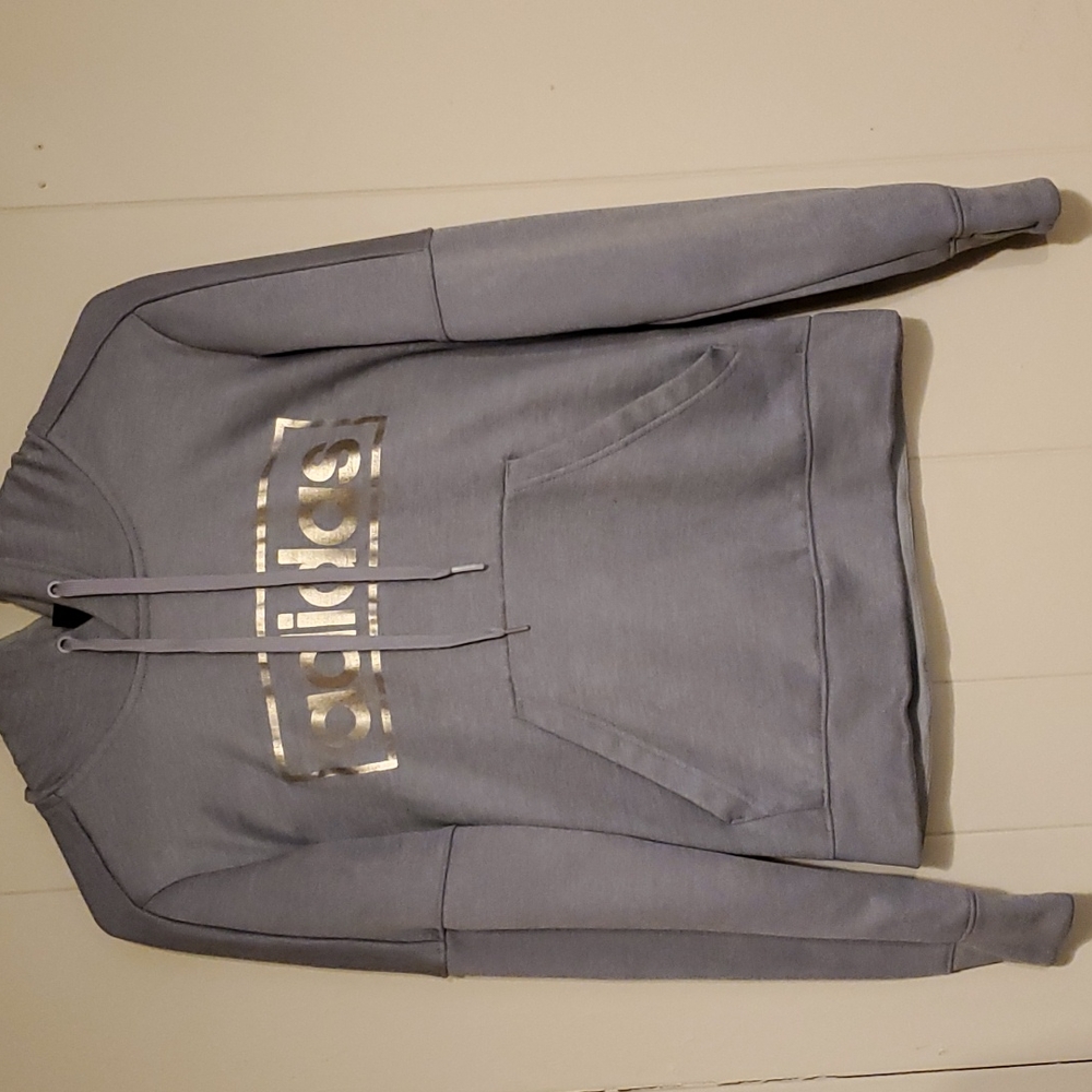 EUC ADIDAS THERMAWARM HOODIE SILVER W/GOLD FOIL LETTERS. SMALL